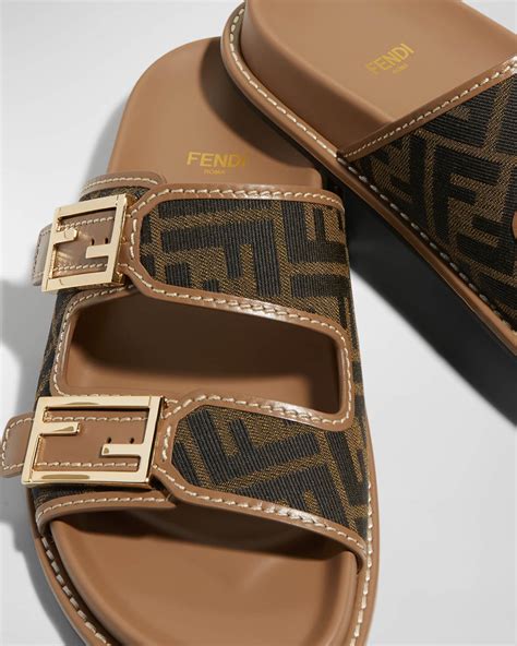 fendi logo-embossed double-strap leather sandals|Fendi FF Jacquard Dual Buckle Slide Sandals .